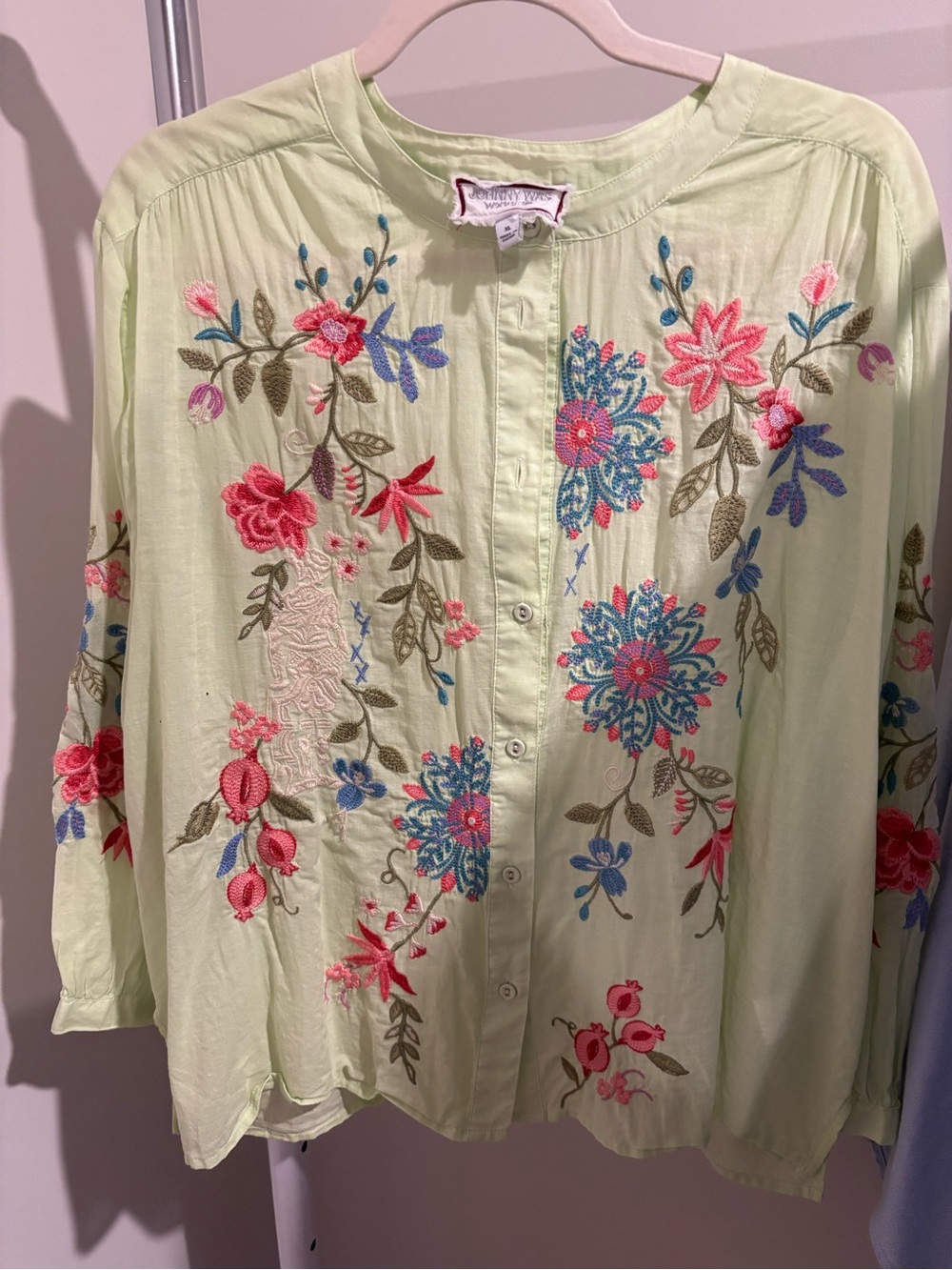 Johnny Was Light Green Embroidered Button-Down Shirt